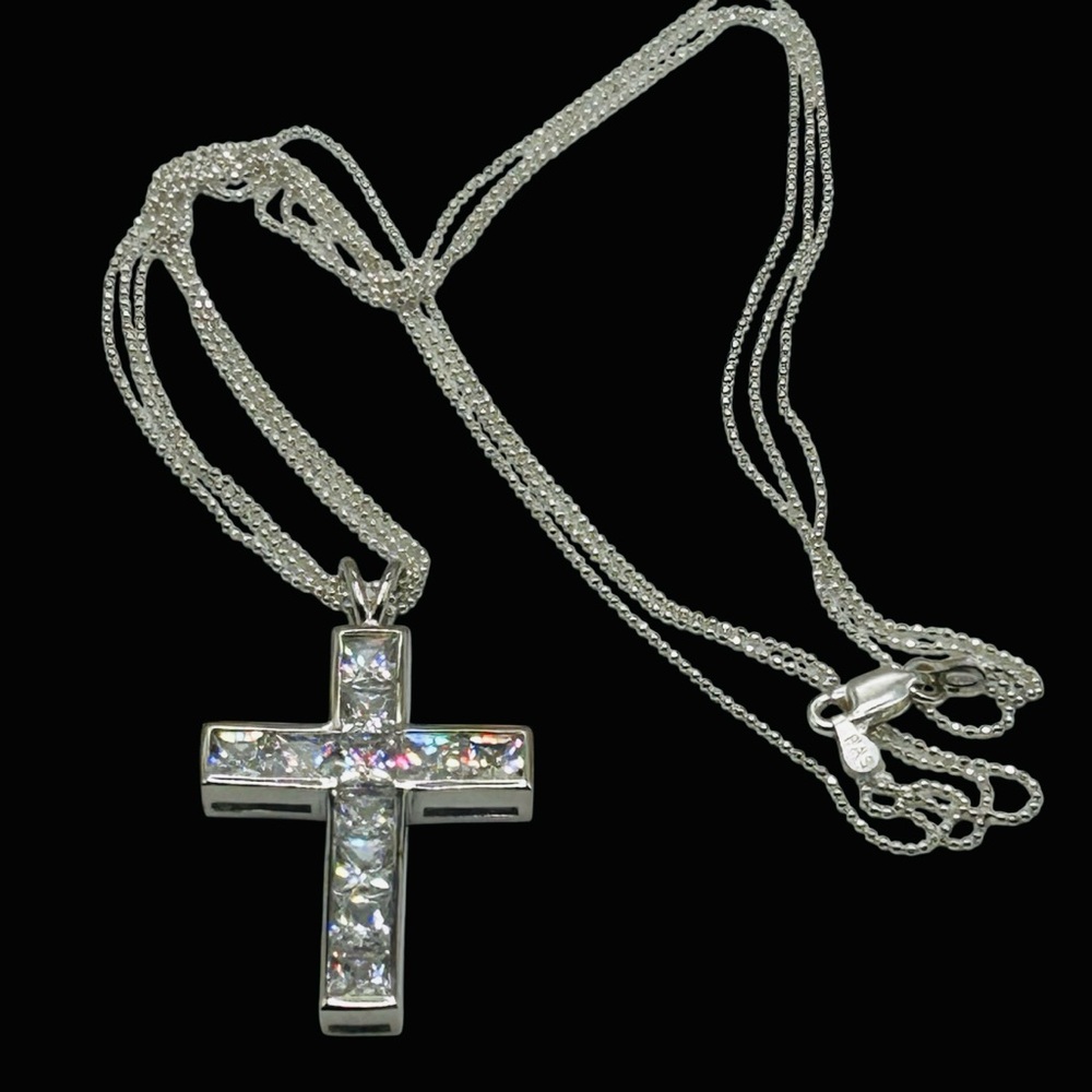 Large Sterling Princess Cut CZ Cross Necklace